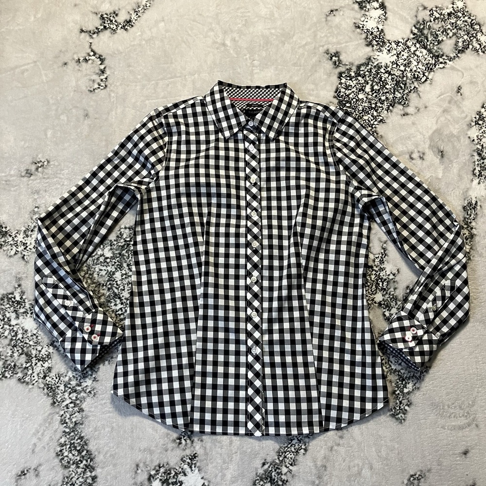 Talbots Shirt Womens Size 2 Check Print Black White Non Iron Button Up LS